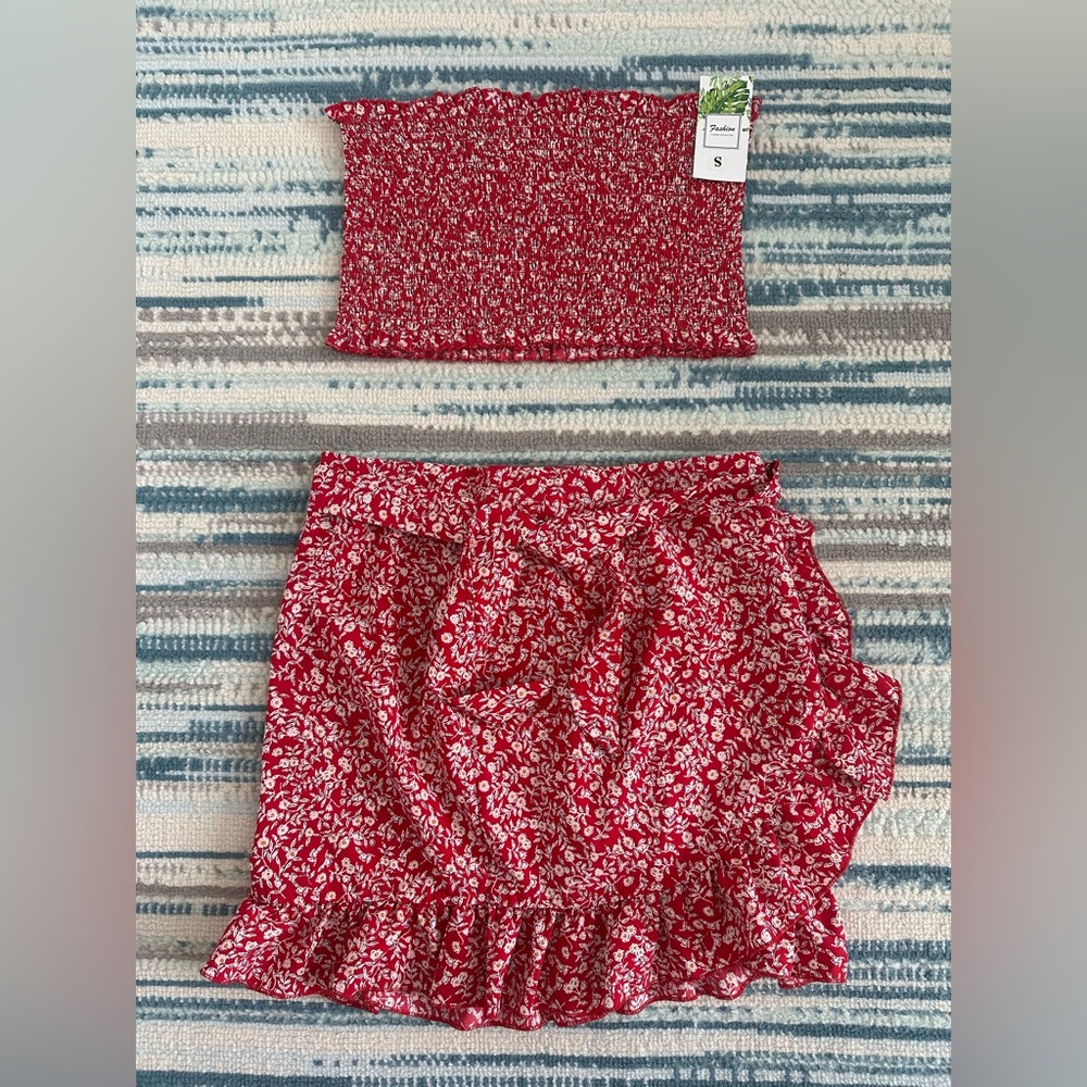 Red Floral Two-Piece Skirt Set